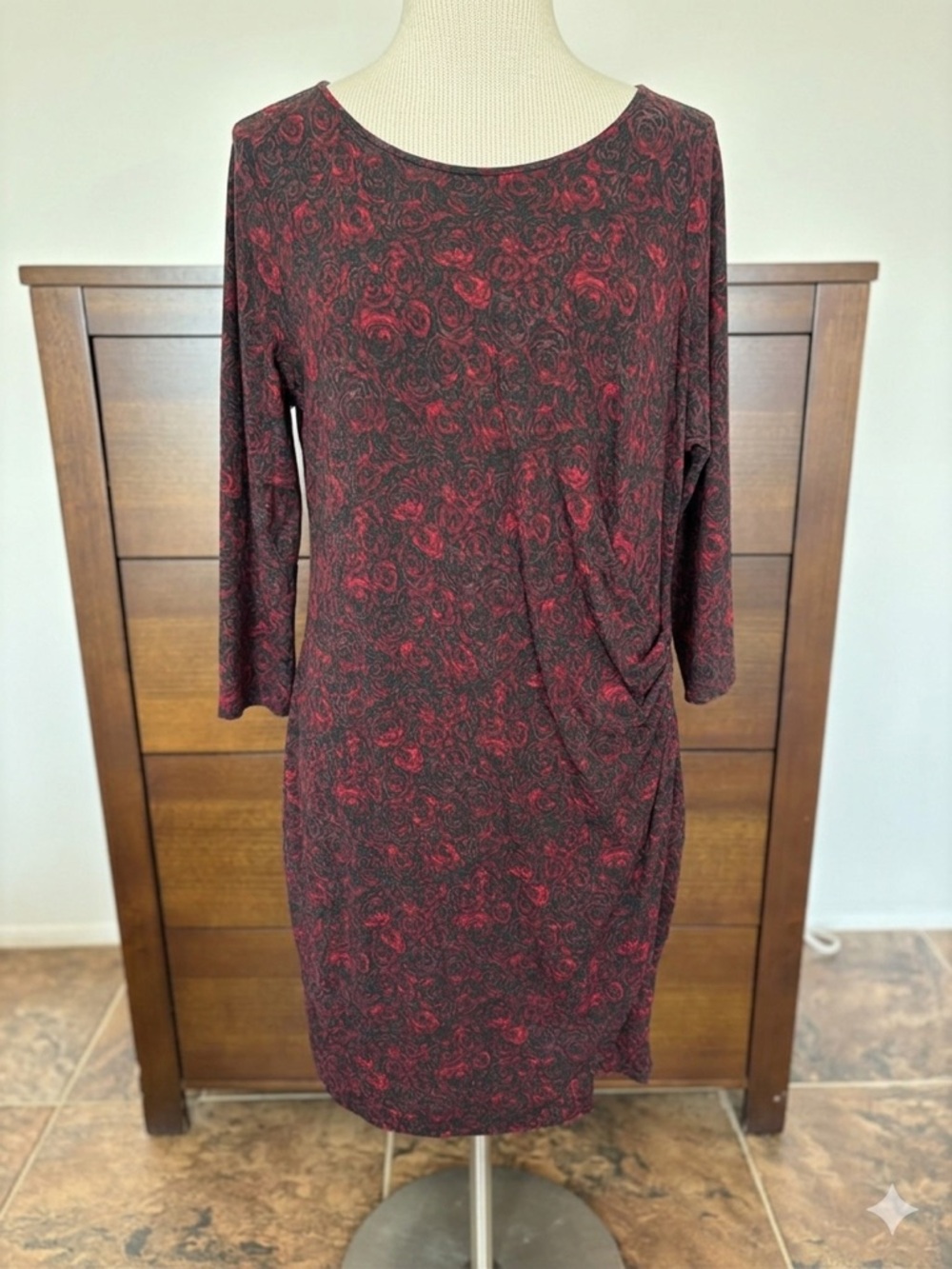 Talbots Black Dress with Red Floral Swirl Print - Long Sleeve